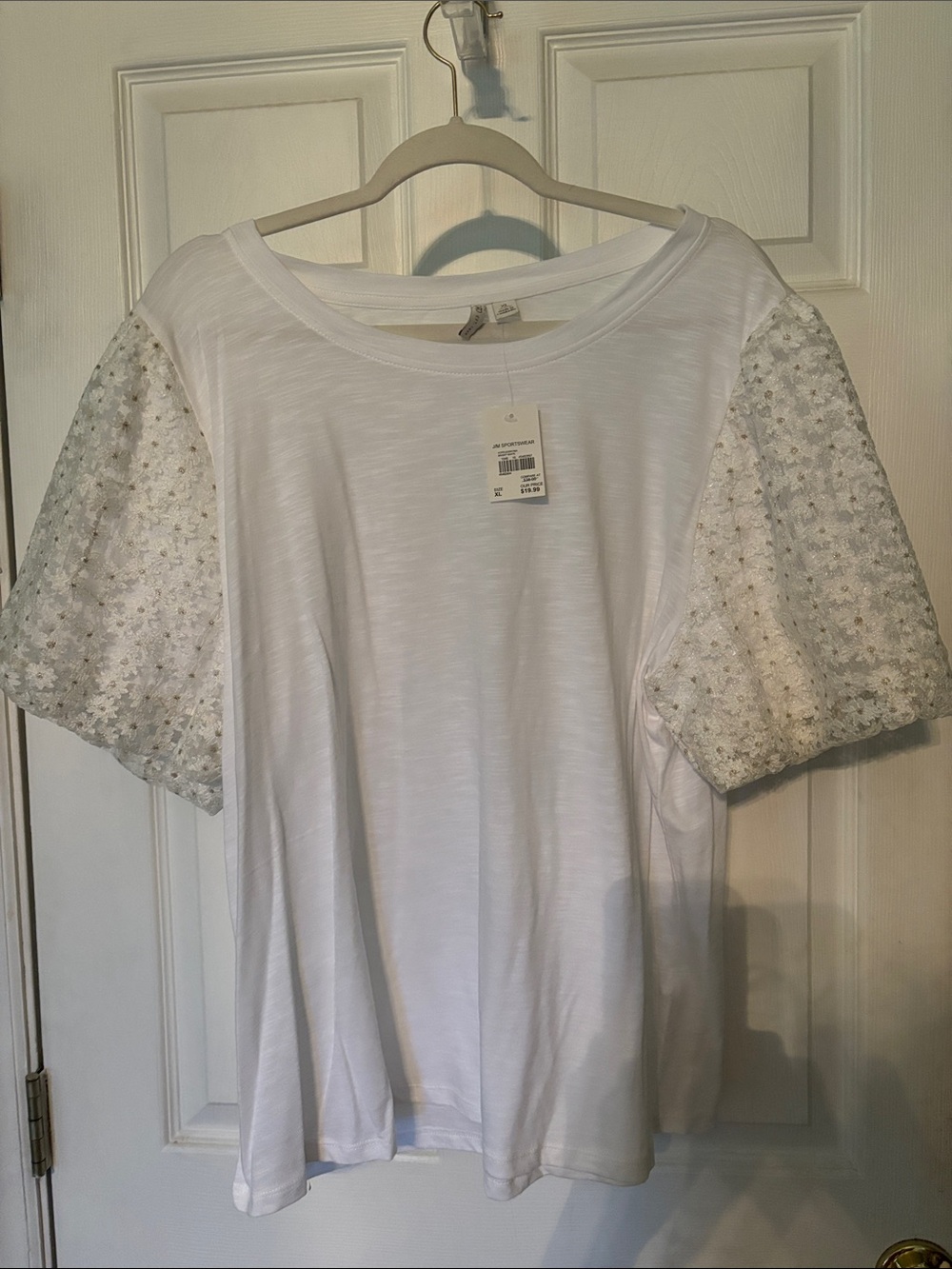 Cato White Short-Sleeve Top with Floral Eyelet Puff Sleeves